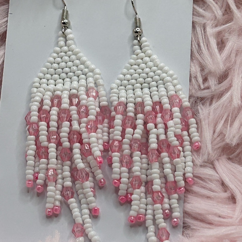 White & Pink Fringe Earrings